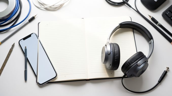 Casque audio, smartphone et carnet ouverts sur un bureau d’étude lumineux, avec une ambiance inspirante et un éclairage doux.