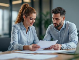 Une femme responsable pédagogique et un homme responsable RH comparent des contrats d’assurance pour étudiants, alternants et apprentis autour d’une table de réunion, avec des documents et un ordinateur portable dans un bureau lumineux.