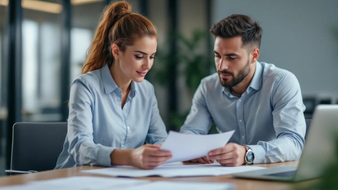 Une femme responsable pédagogique et un homme responsable RH comparent des contrats d’assurance pour étudiants, alternants et apprentis autour d’une table de réunion, avec des documents et un ordinateur portable dans un bureau lumineux.