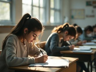 Des élèves travaillent seuls à leur bureau dans une salle de classe, avec des supports pédagogiques, sous une lumière naturelle studieuse.