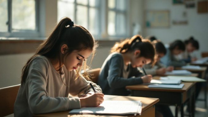 Des élèves travaillent seuls à leur bureau dans une salle de classe, avec des supports pédagogiques, sous une lumière naturelle studieuse.