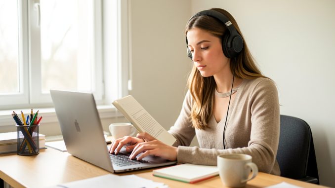 Une jeune femme étudie seule à son bureau, utilise un ordinateur portable, prend des notes dans un carnet et porte un casque audio dans une ambiance lumineuse et calme.
