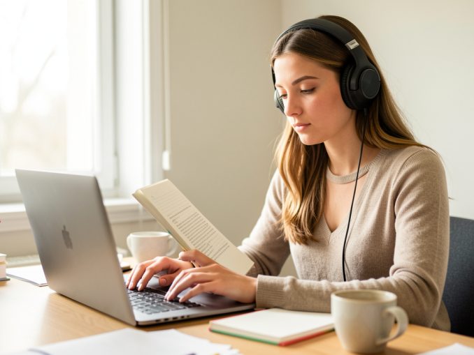 Une jeune femme étudie seule à son bureau, utilise un ordinateur portable, prend des notes dans un carnet et porte un casque audio dans une ambiance lumineuse et calme.