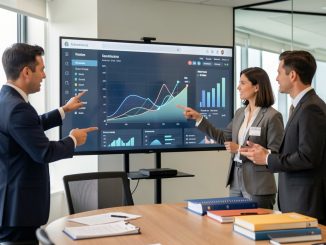 Réunion RH en entreprise autour d’un écran affichant un tableau abstrait d’aide à la formation par IA, dans une salle de réunion lumineuse et professionnelle.