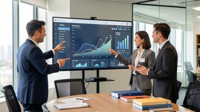 Réunion RH en entreprise autour d’un écran affichant un tableau abstrait d’aide à la formation par IA, dans une salle de réunion lumineuse et professionnelle.