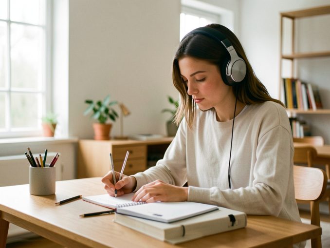 Jeune femme portant un casque audio, prenant des notes à son bureau dans une salle d’étude moderne et lumineuse.