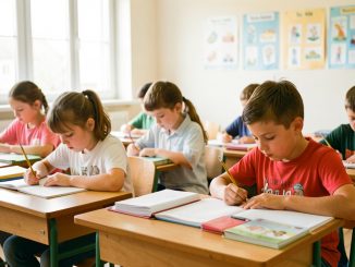 Salle de classe lumineuse : des élèves travaillent de façon autonome, cahiers ouverts sur les bureaux, avec des affichages pédagogiques discrets en arrière-plan.