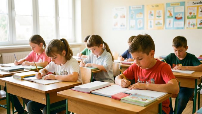 Salle de classe lumineuse : des élèves travaillent de façon autonome, cahiers ouverts sur les bureaux, avec des affichages pédagogiques discrets en arrière-plan.