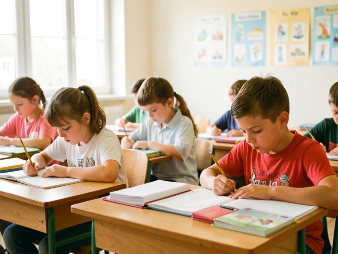 Salle de classe lumineuse : des élèves travaillent de façon autonome, cahiers ouverts sur les bureaux, avec des affichages pédagogiques discrets en arrière-plan.