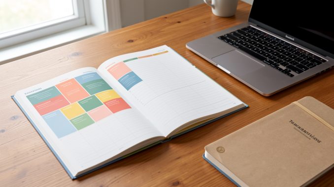 Agenda annuel ouvert sur un bureau en bois, avec des blocs de couleurs représentant les périodes de vacances, un ordinateur portable et un carnet de formation.