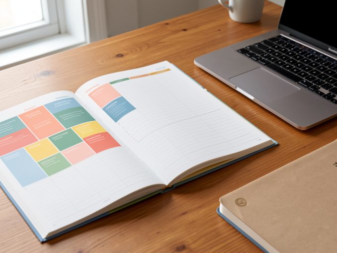 Agenda annuel ouvert sur un bureau en bois, avec des blocs de couleurs représentant les périodes de vacances, un ordinateur portable et un carnet de formation.