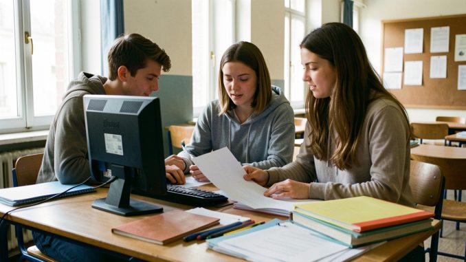 Deux étudiants consultent ensemble un ordinateur au milieu de documents de candidature dans une salle d’étude universitaire française.