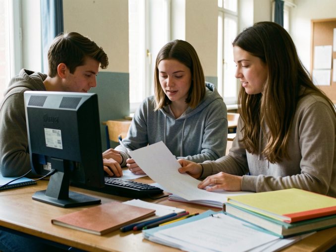 Deux étudiants consultent ensemble un ordinateur au milieu de documents de candidature dans une salle d’étude universitaire française.