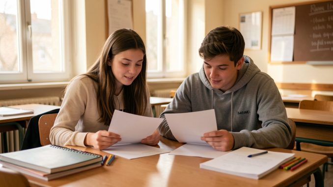 Deux lycéens, une jeune femme et un jeune homme, consultent ensemble des documents administratifs vierges sur un bureau dans une salle de classe, avec une expression concentrée et soulagée.