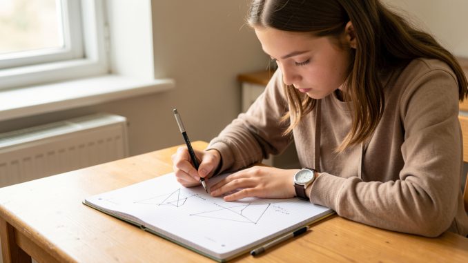 Une lycéenne travaille seule et attentivement sur des figures de géométrie tracées au compas dans un cahier quadrillé, dans une ambiance lumineuse et studieuse.