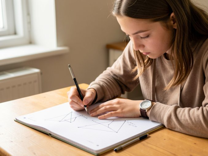 Une lycéenne travaille seule et attentivement sur des figures de géométrie tracées au compas dans un cahier quadrillé, dans une ambiance lumineuse et studieuse.