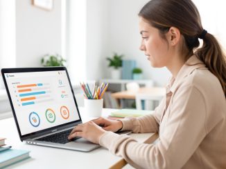 Jeune femme apprenant devant un ordinateur portable affichant un tableau de bord visuel de compétences numériques avec des indicateurs de progression abstraits, dans une ambiance claire et pédagogique.