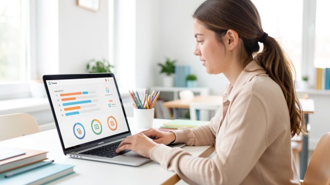 Jeune femme apprenant devant un ordinateur portable affichant un tableau de bord visuel de compétences numériques avec des indicateurs de progression abstraits, dans une ambiance claire et pédagogique.