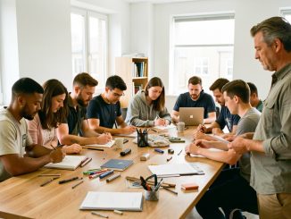 Groupe d’apprentis, hommes et femmes, réalisant une activité collaborative autour d’une table pendant qu’un formateur les observe dans un atelier lumineux et professionnel.