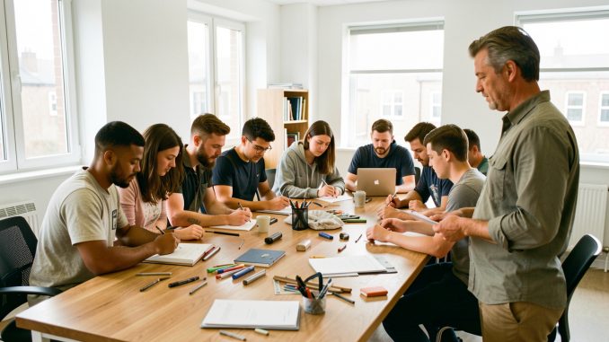Groupe d’apprentis, hommes et femmes, réalisant une activité collaborative autour d’une table pendant qu’un formateur les observe dans un atelier lumineux et professionnel.