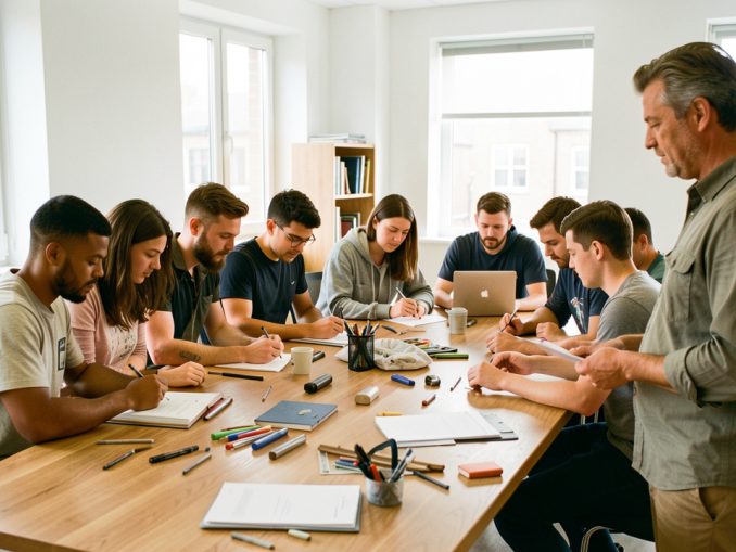 Groupe d’apprentis, hommes et femmes, réalisant une activité collaborative autour d’une table pendant qu’un formateur les observe dans un atelier lumineux et professionnel.