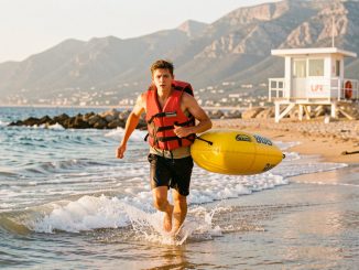 Jeune homme nageur sauveteur courant dans les vagues avec une bouée de sauvetage lors d’un entraînement sur la plage d’Argelès-sur-Mer, avec un poste de secours en arrière-plan.
