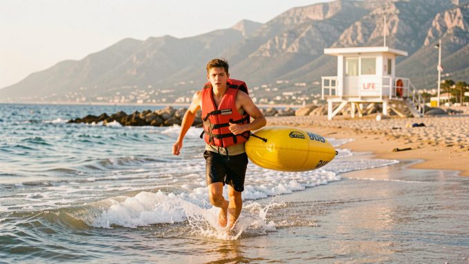 Jeune homme nageur sauveteur courant dans les vagues avec une bouée de sauvetage lors d’un entraînement sur la plage d’Argelès-sur-Mer, avec un poste de secours en arrière-plan.