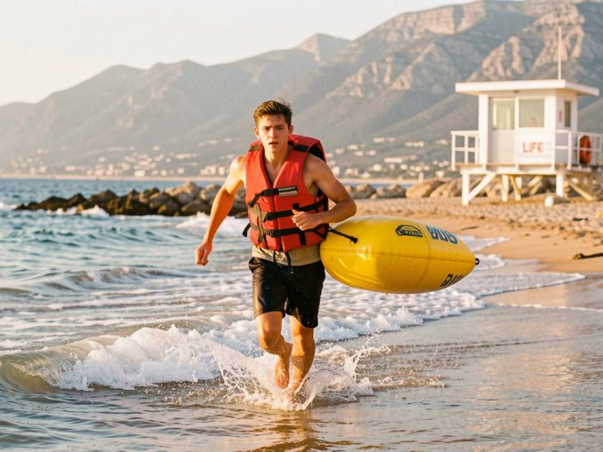 Jeune homme nageur sauveteur courant dans les vagues avec une bouée de sauvetage lors d’un entraînement sur la plage d’Argelès-sur-Mer, avec un poste de secours en arrière-plan.