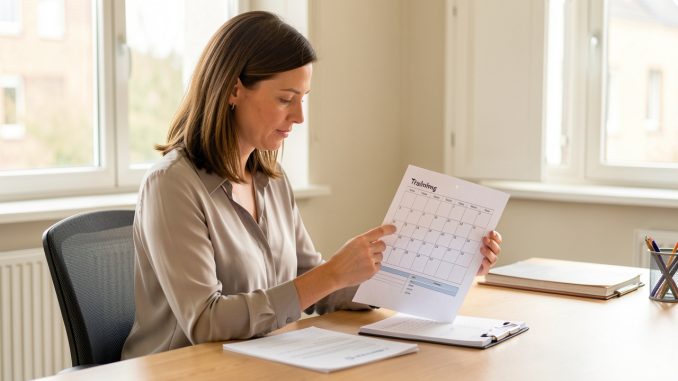 Une salariée belge consulte un calendrier de formation vierge et une fiche de paie non annotée dans un bureau lumineux et professionnel.