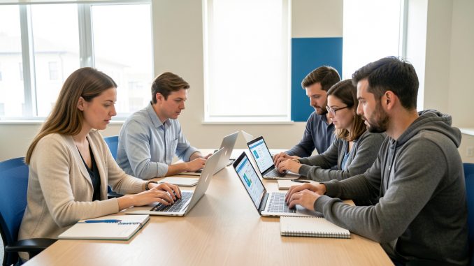 Groupe de quatre apprenants, deux femmes et deux hommes, analysant ensemble des interfaces numériques sur des ordinateurs portables dans une salle de formation moderne et lumineuse.