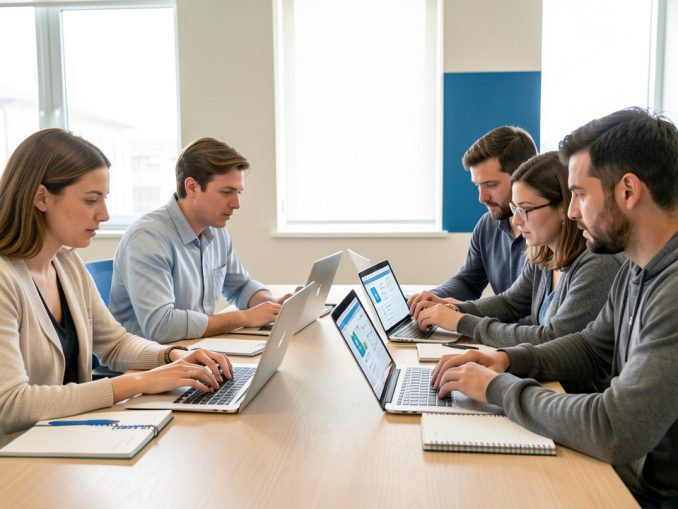 Groupe de quatre apprenants, deux femmes et deux hommes, analysant ensemble des interfaces numériques sur des ordinateurs portables dans une salle de formation moderne et lumineuse.