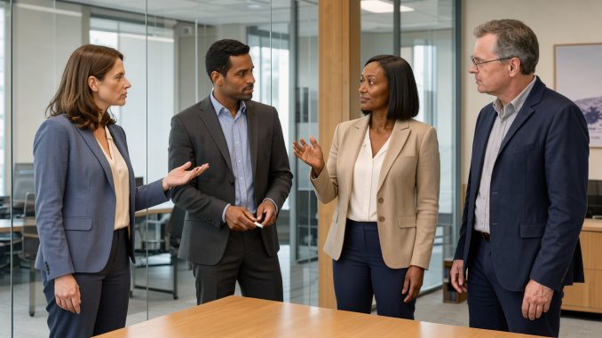 Équipe RH composée de femmes et d’hommes réunie dans un bureau moderne autour d’un tableau de suivi vierge, dans une ambiance professionnelle et collaborative.