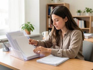 Jeune étudiante classant des documents administratifs vierges dans un dossier transparent sur un bureau universitaire lumineux.