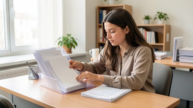 Jeune étudiante classant des documents administratifs vierges dans un dossier transparent sur un bureau universitaire lumineux.