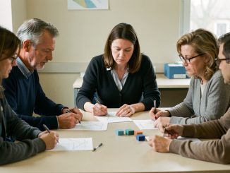 Réunion sobre dans un centre de formation pour adultes en France, avec une formatrice, un formateur et des apprenants examinant des feuilles budgétaires sans texte visible.