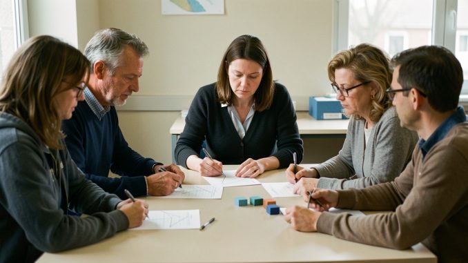 Réunion sobre dans un centre de formation pour adultes en France, avec une formatrice, un formateur et des apprenants examinant des feuilles budgétaires sans texte visible.